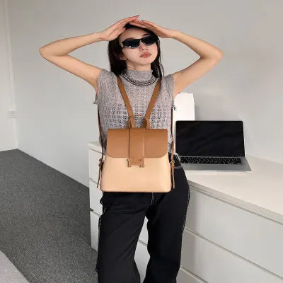 Brown and beige leather women's backpack